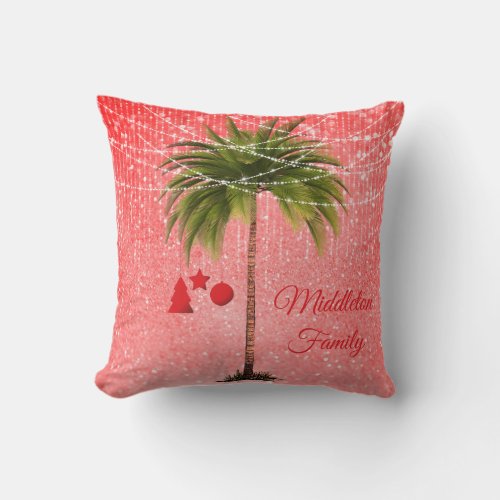 Christmas Palm Tree Glitter Tropical Lights Throw Pillow