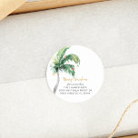 Christmas Palm Tree Holiday Announcement Moving Classic Round Sticker<br><div class="desc">Christmas Holiday Coastal Moving Palm Tree Announcement you can easily customize by clicking the "Personalize" button. Add your custom message and names on the reverse side</div>