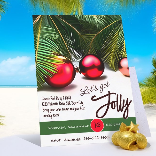 Christmas Palm Tree Jolly Red Ornaments Tropical Invitation (Jolly tropical Christmas palm tree party invitation)