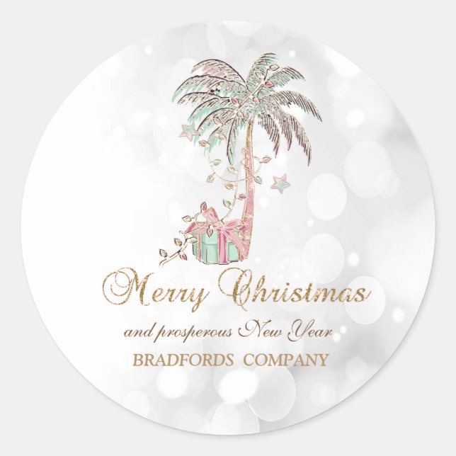 Christmas Palm Tree,Present,String Lights,Bokeh    Classic Round Sticker (Front)