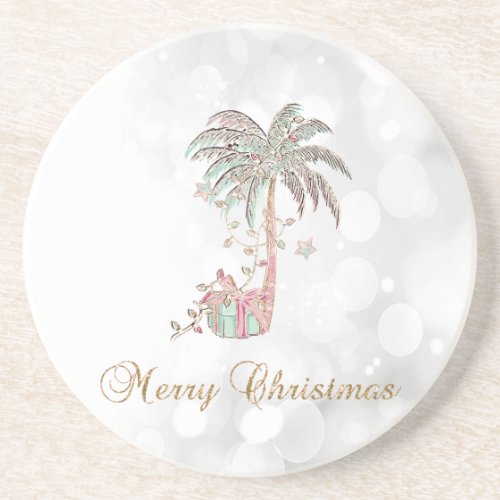 Christmas Palm TreePresentString LightsBokeh   Coaster