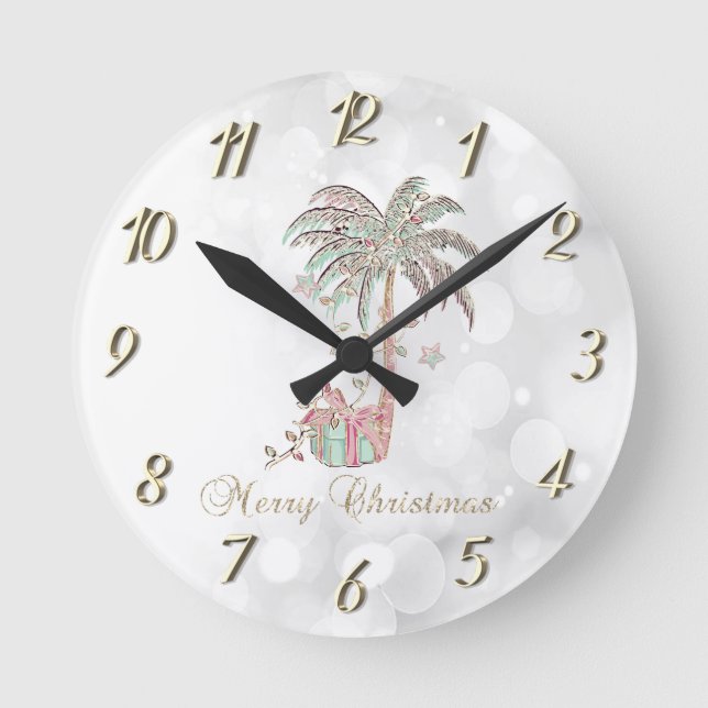 Christmas Palm Tree,Present,String Lights,Bokeh   Round Clock (Front)