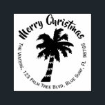 Christmas Palm Tree Return Address Stamp Round<br><div class="desc">This fun tropical Christmas self inking return address rubber stamp has a silhouette of a coconut palm tree with string lights wrapped around the trunk. The words make a circle around the tree, a round shape. ----- Add your name and address in the template to personalize. You can change the...</div>