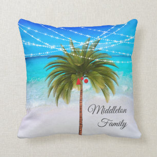 Christmas Palm Tree Tropical Beach Lights Throw Pillow