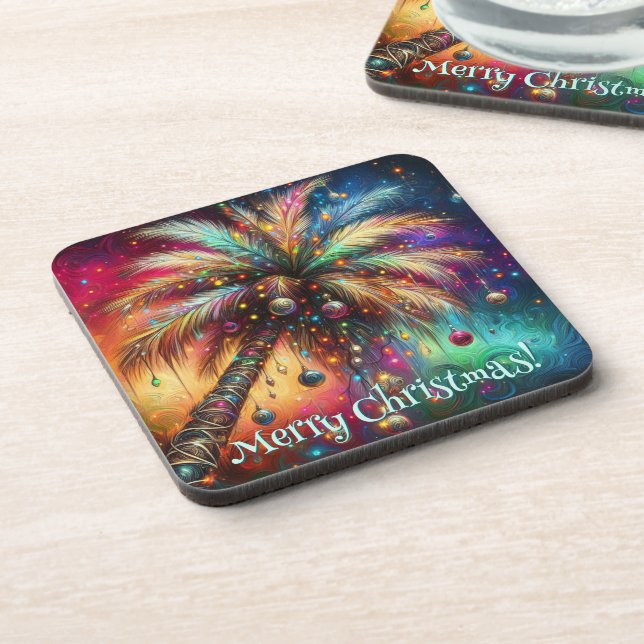 Christmas Palm Tree Tropical Beach Personalized Beverage Coaster (Left Side)