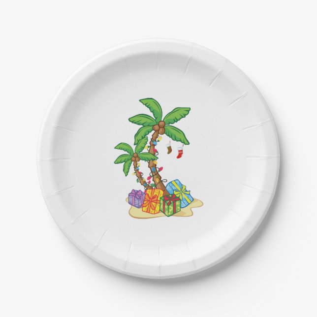 Christmas Palm Tree Tropical Xmas Coconut Lights Paper Plates (Front)