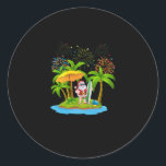 Christmas Palm Tree Tropical Xmas Lights Classic Round Sticker<br><div class="desc">Cute & funny Island Xmas family matching costume outfit with Santa Claus wearing hat,  beard,  sunglasses,  pineapple,  candy cane,  can surfing board saying Merry Christmas is a cool gift idea for him,  her,  mom,  dad,  surfer,  son,  daughter,  men,  women,  kids.</div>