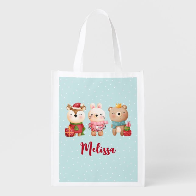 Christmas Pals - Reindeer Bear & Rabbit Grocery Bag (Front)