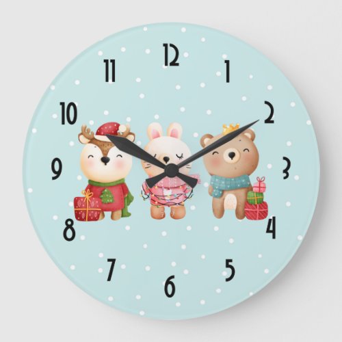 Christmas Pals _ Reindeer Bear  Rabbit Large Clock