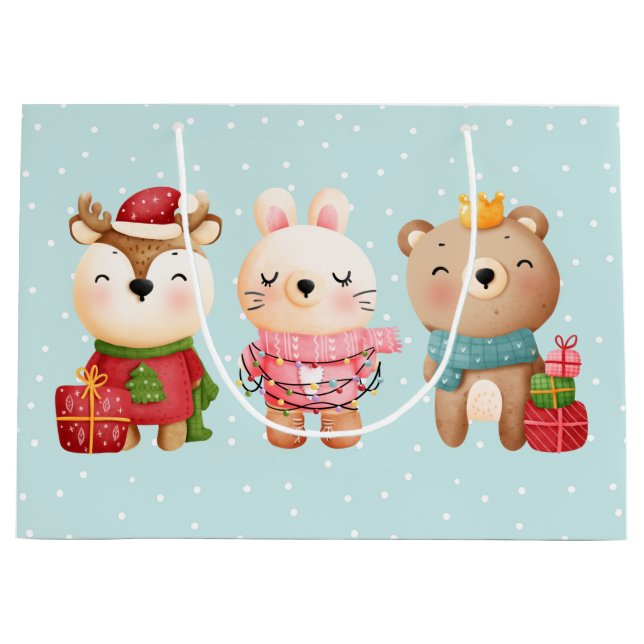 Christmas Pals - Reindeer, Bear & Rabbit Large Gift Bag (Front)