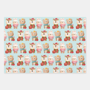 Christmas Pals - Reindeer Bear & Rabbit Pattern Wrapping Paper Sheets