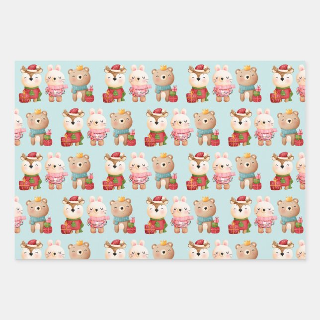 Christmas Pals - Reindeer Bear & Rabbit Pattern Wrapping Paper Sheets (Front)