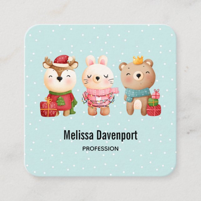 Christmas Pals - Reindeer Bear & Rabbit Square Business Card (Front)