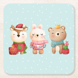 Christmas Pals - Reindeer, Bear & Rabbit Square Paper Coaster