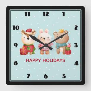 Christmas Pals - Reindeer Bear & Rabbit Square Wall Clock
