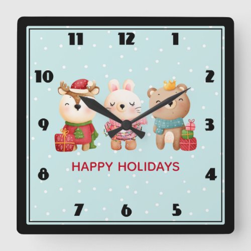 Christmas Pals _ Reindeer Bear  Rabbit Square Wall Clock