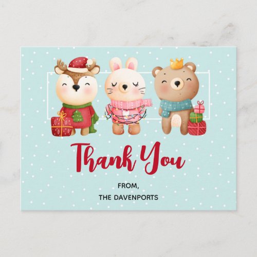 Christmas Pals _ Reindeer Bear  Rabbit Thank You Postcard