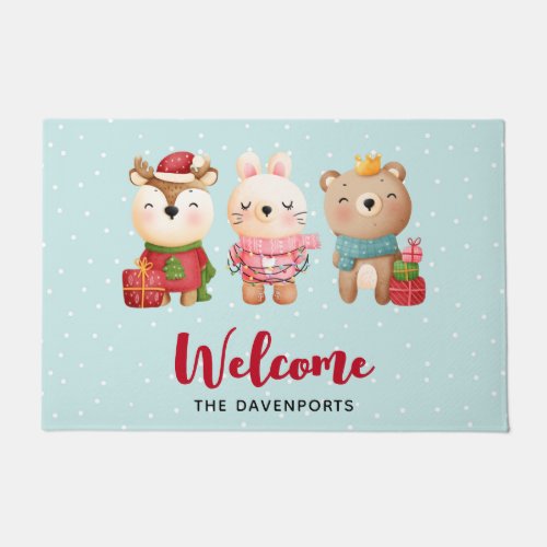 Christmas Pals _ Reindeer Bear  Rabbit Welcome Doormat