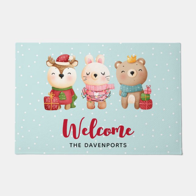 Christmas Pals - Reindeer, Bear & Rabbit Welcome Doormat (Front)