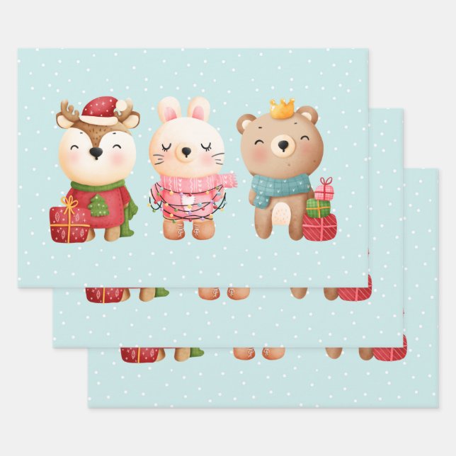 Christmas Pals - Reindeer Bear & Rabbit Wrapping Paper Sheets (Set)