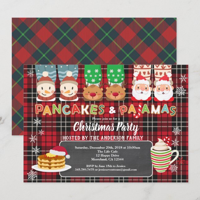 Christmas panackes and pajamas party red flannel invitation (Front/Back)