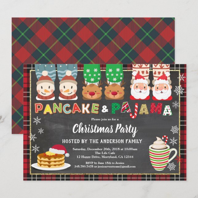 Christmas panackes and pajamas party red plaid invitation (Front/Back)