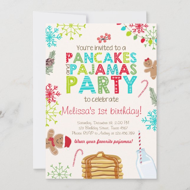 Christmas Pancake and Pajamas birthday invitation (Front)