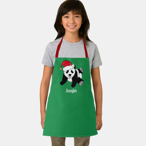 Christmas Panda Bear Cute Green Kids Monogram Apron