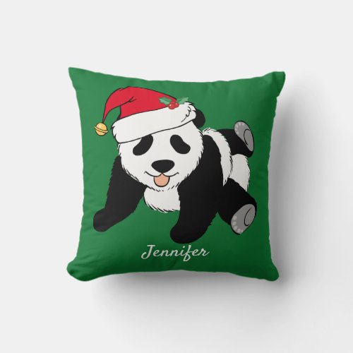 Christmas Panda Bear Cute Personalized Green Kids Throw Pillow
