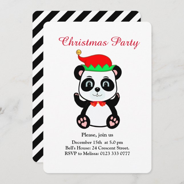 Christmas Panda Bear Elf on White Party Invitation (Front/Back)