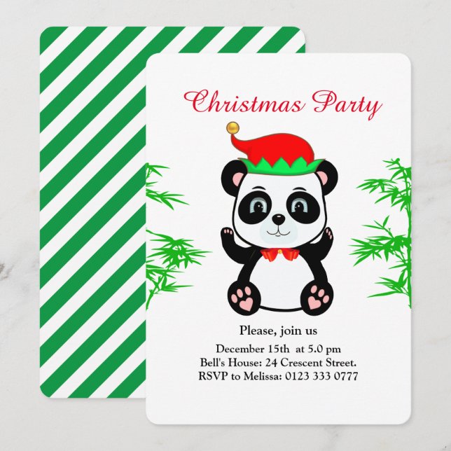 Christmas Panda Bear Elf on White Party Invitation (Front/Back)