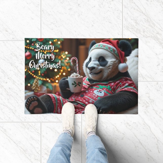 Christmas Panda Bear in Pajamas Personalized Doormat (Indoor)