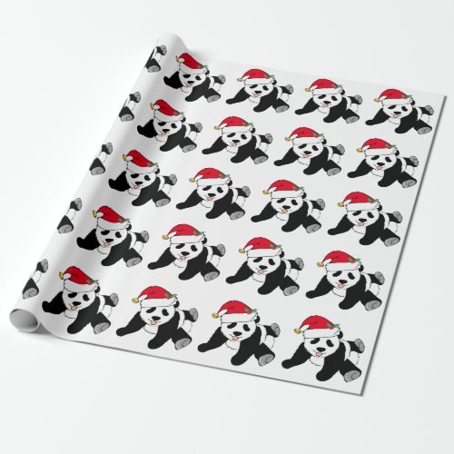 Christmas Panda Bear in Santa Hat Cute Kids Wrapping Paper