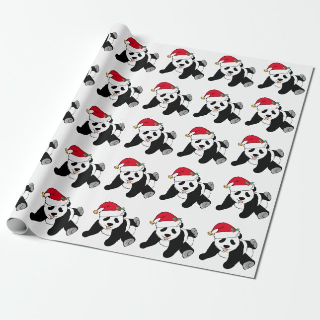 Christmas Panda Bear in Santa Hat Cute Kids Wrapping Paper (Unrolled)