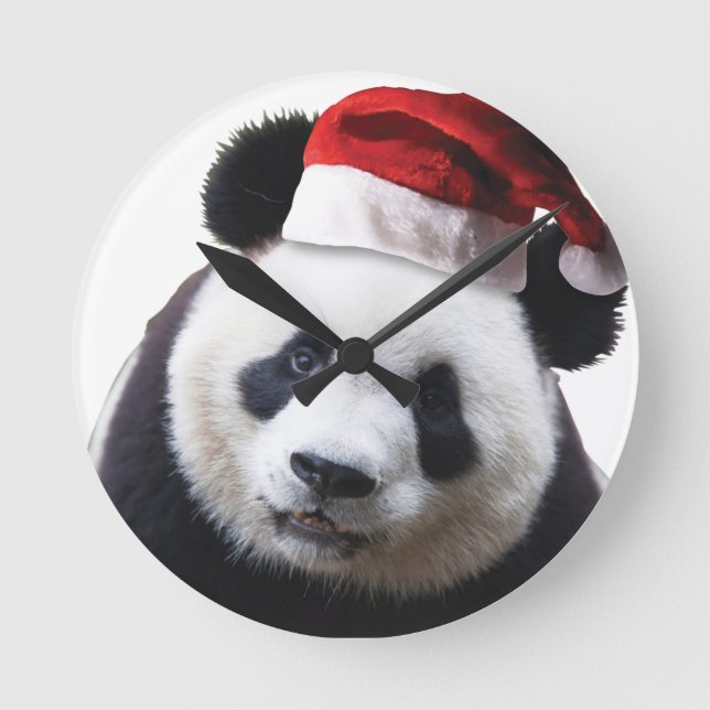 Christmas Panda Bear with Santa Hat Round Clock (Front)