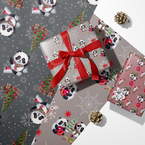Christmas Panda Bears Ornaments Santa Hats Wrapping Paper Sheets