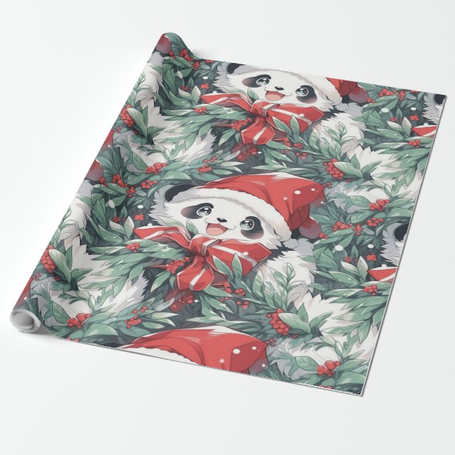 Christmas Panda Design Wrapping Paper (Unrolled)