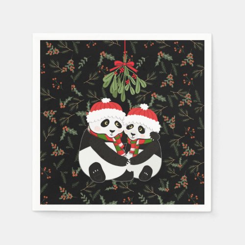 CHRISTMAS PANDA KISSING UNDER MISTLETOE DECOUPAGE NAPKINS