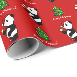 Christmas Panda Stocking Red Wrapping Paper