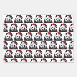 Christmas Panda with Santa Hat Wrapping Paper Sheets