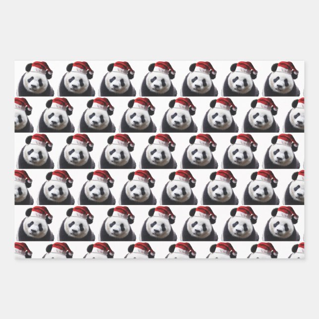 Christmas Panda with Santa Hat Wrapping Paper Sheets (Front)