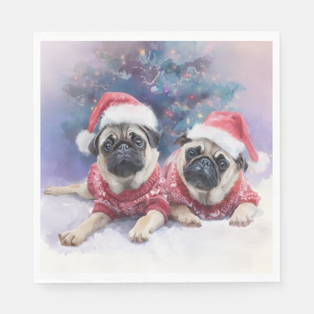  Christmas Paper Napkin with two adorable pugs (Front)