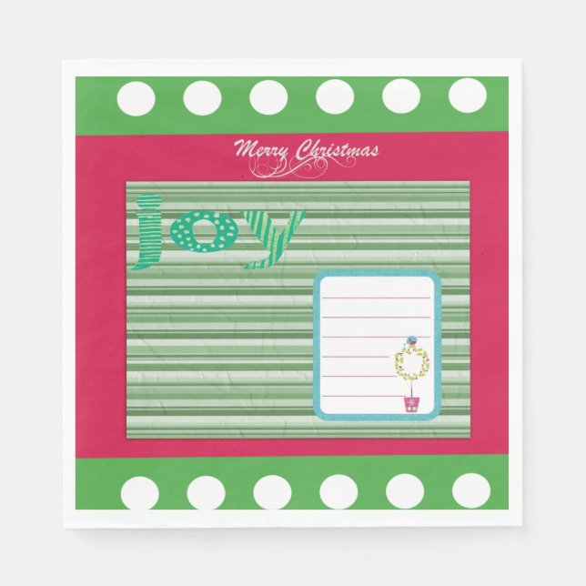 Christmas Paper Napkins, Joy Red Green Stripe Napkins (Front)