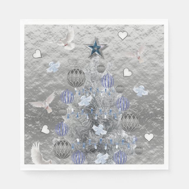 Christmas Paper Napkins, Merry Blue Silver Tree Napkins (Front)