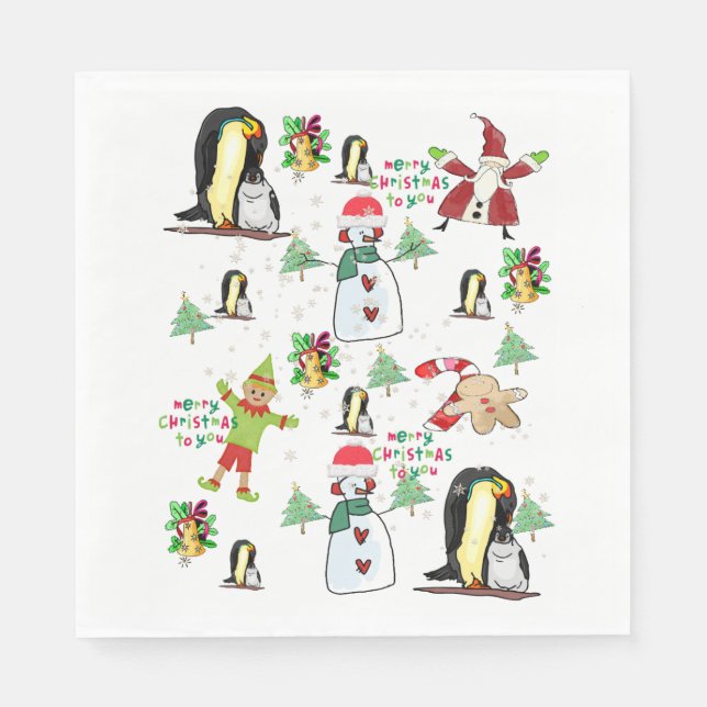 Christmas Paper Napkins, Merry Christmas Penguin  Napkins (Front)