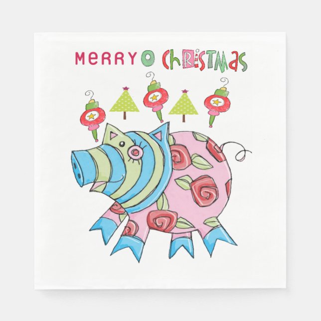 Christmas Paper Napkins, Merry Christmas Pink Pig  Napkins (Front)