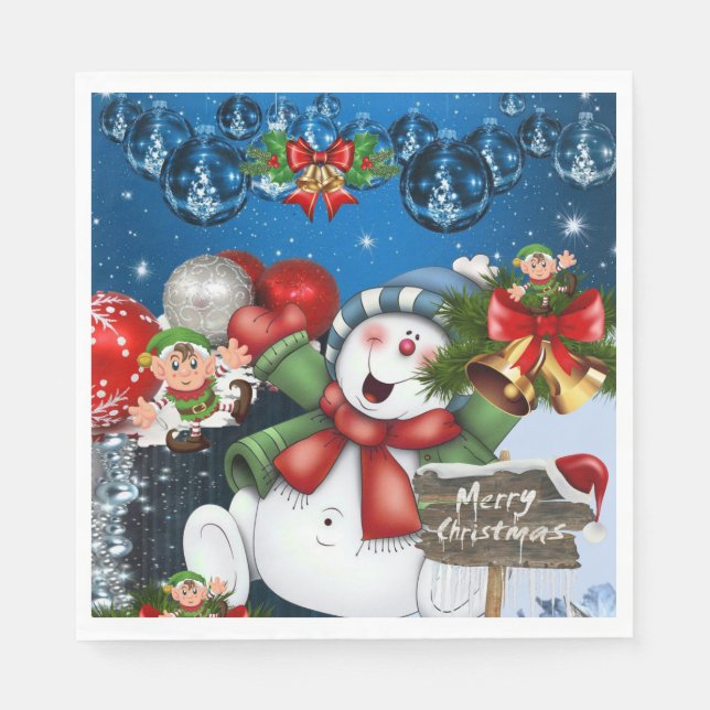 Christmas Paper Napkins, Merry Christmas Snowman Napkins (Front)