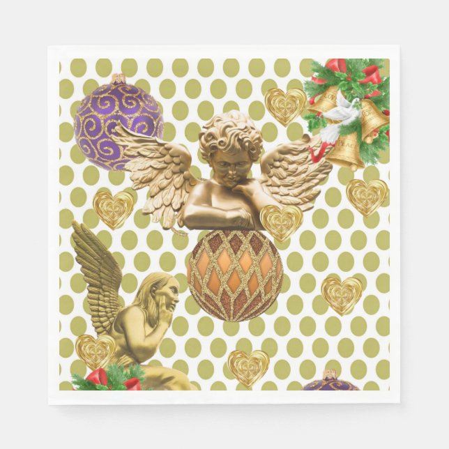 Christmas Paper Napkins, Merry Gold Angel Napkins (Front)