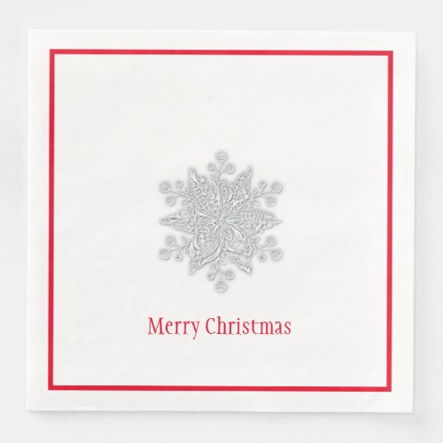 Christmas Paper Napkins Silver Snowflake Red Trim