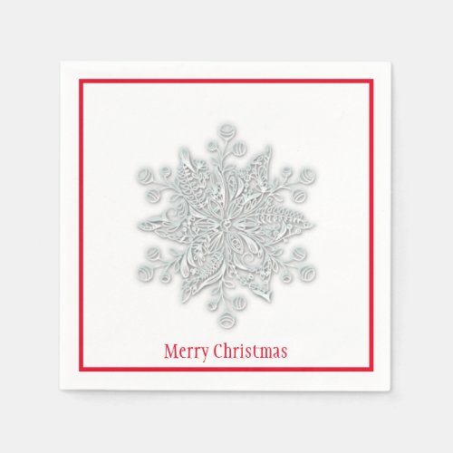 Christmas Paper Napkins Silver Snowflake Red Trim